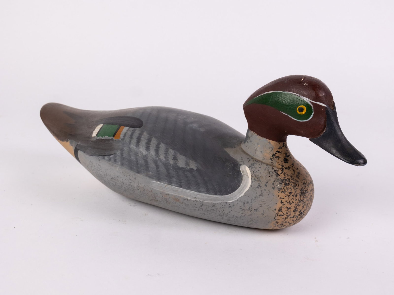 Vintage Green-Winged Teal Drake Duck Decoy: Unsigned & featuring high quality hand painted detail. Size 5.5" x 6" x 13" Literature Brooks Auction – Online Auction Terms & Conditions Contact: (856) 694-2960 | info@brooks.auction READ