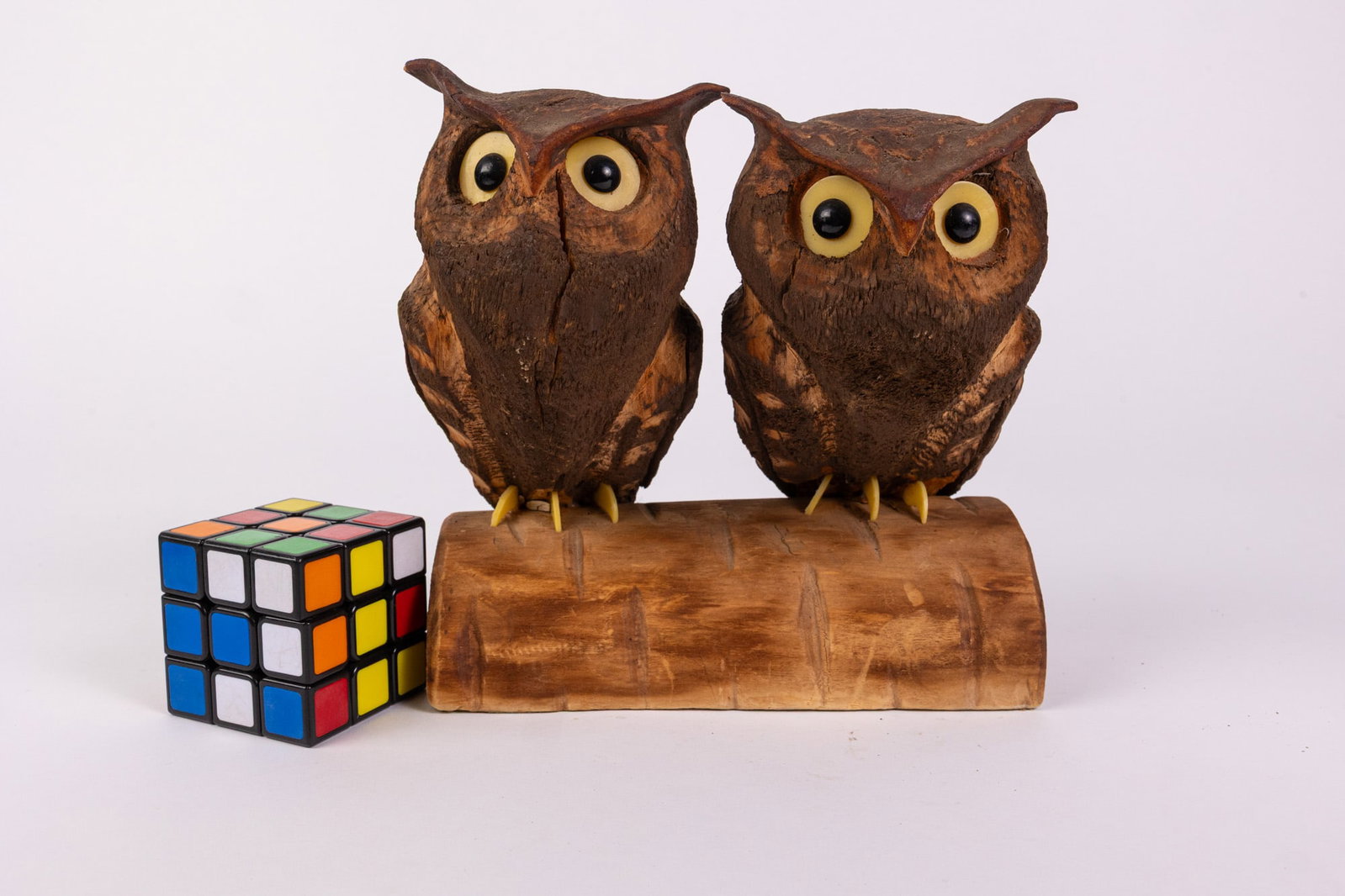 Vintage Hand-Carved Wooden Owl Figures Perchon on Half Log - 2