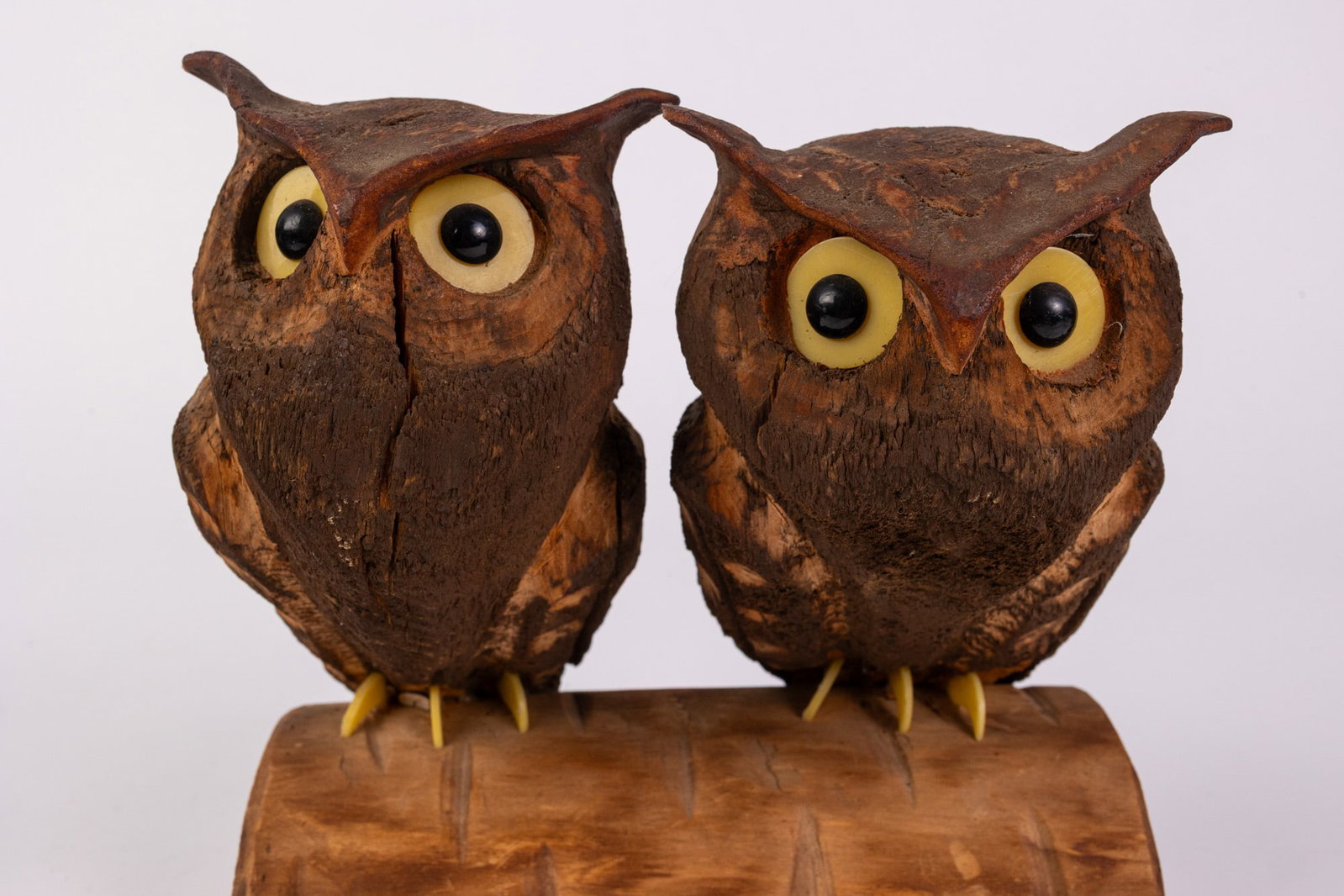 Vintage Hand-Carved Wooden Owl Figures Perchon on Half Log - 3