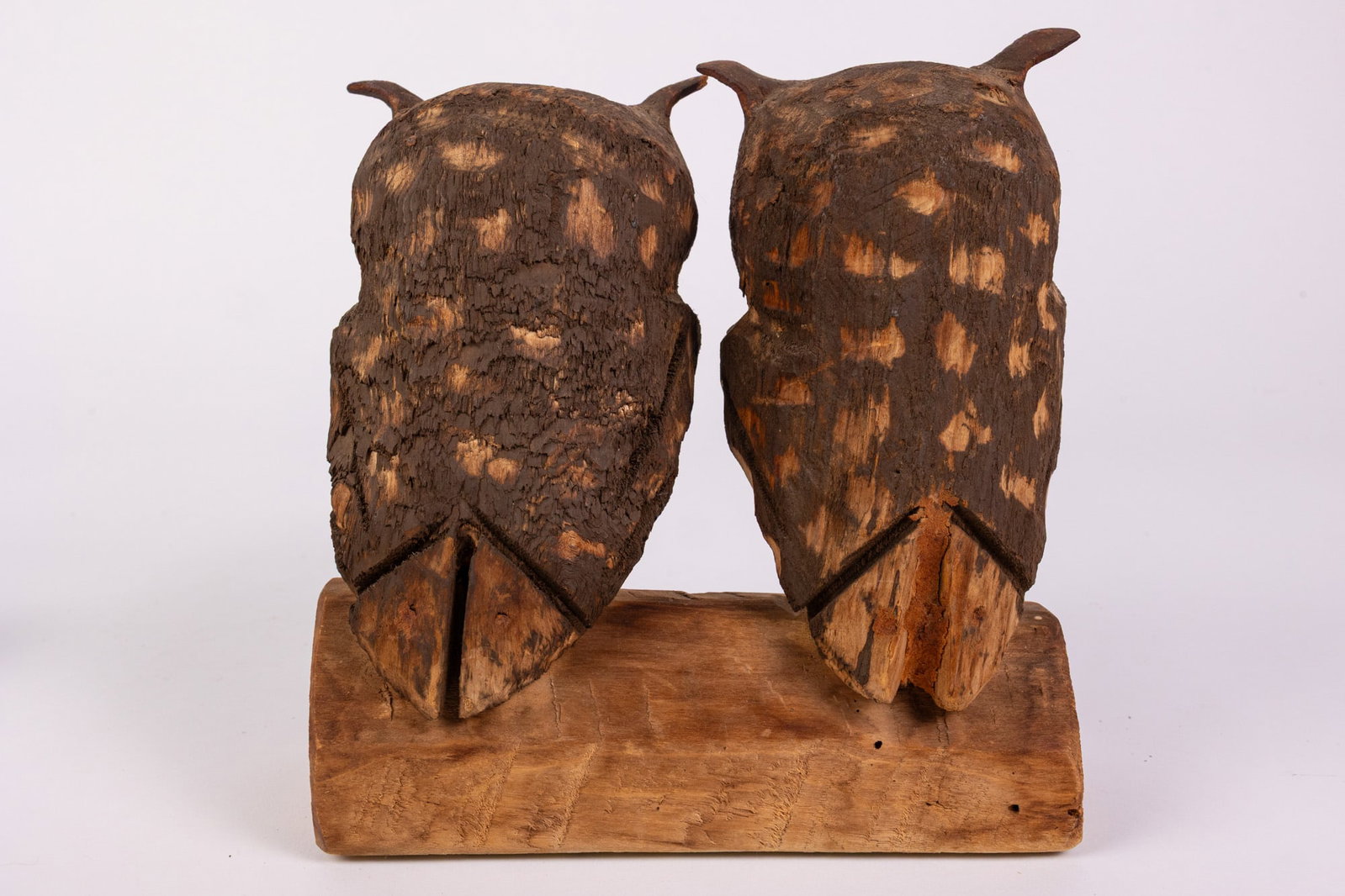 Vintage Hand-Carved Wooden Owl Figures Perchon on Half Log - 4