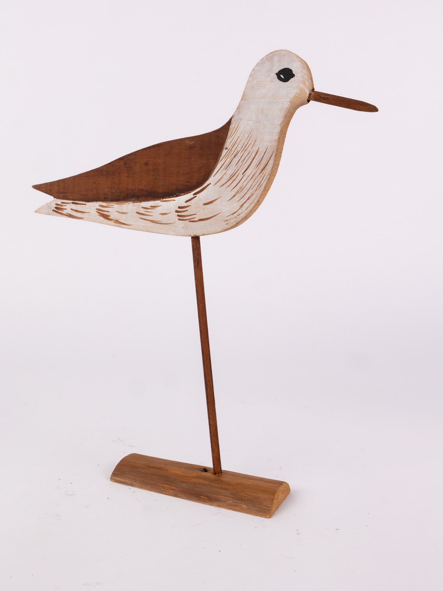 Carved Wooden Folk Art Sandpiper: Sandpiper carved from wood with wooden base. Unsigned. Size 12" x 11" x 2" Literature Brooks Auction – Online Auction Terms & Conditions Contact: (856) 694-2960 | info@brooks.auction READ BE