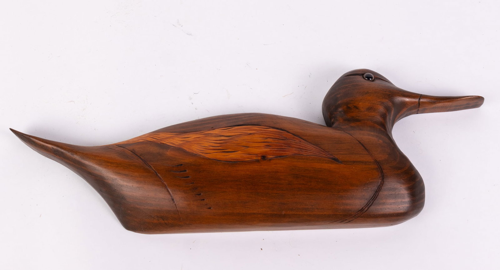 Vintage c. 1983 Duck Wall Hanging: Signed "Vern", possibly Vern Allison of Flint, MI. Featuring a smooth stained finish and hand carved details Size 6.5" x 18" Literature Brooks Auction – Online Auction Terms & Conditions