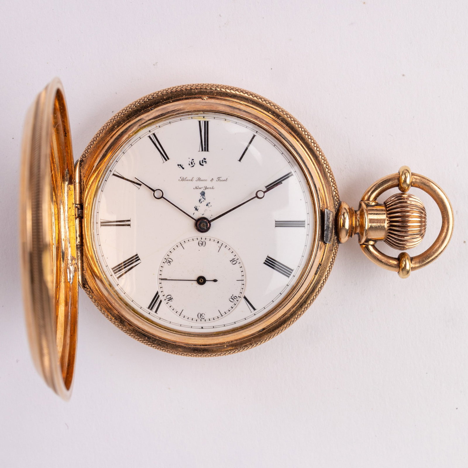 19th c. 18K Gold Black Starr & Frost Pocket Watch: The outer case is engraved and marked "Warranted 18K 14392" & "Black Starr & Frost New York". The inner caseback is marked "14392". The estimated year of production was around 1877. The movement is ma