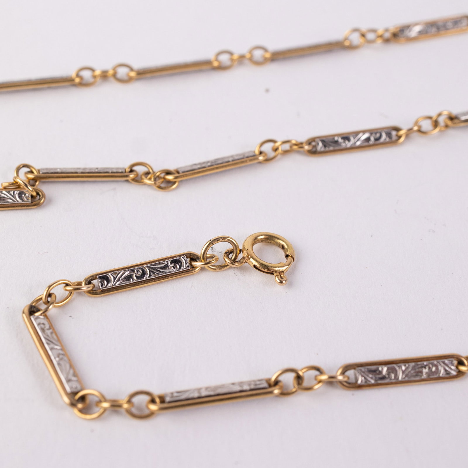 Antique 14KY Gold Bar Link Station Watch Chain w/ 10KY Dog Clip - 2