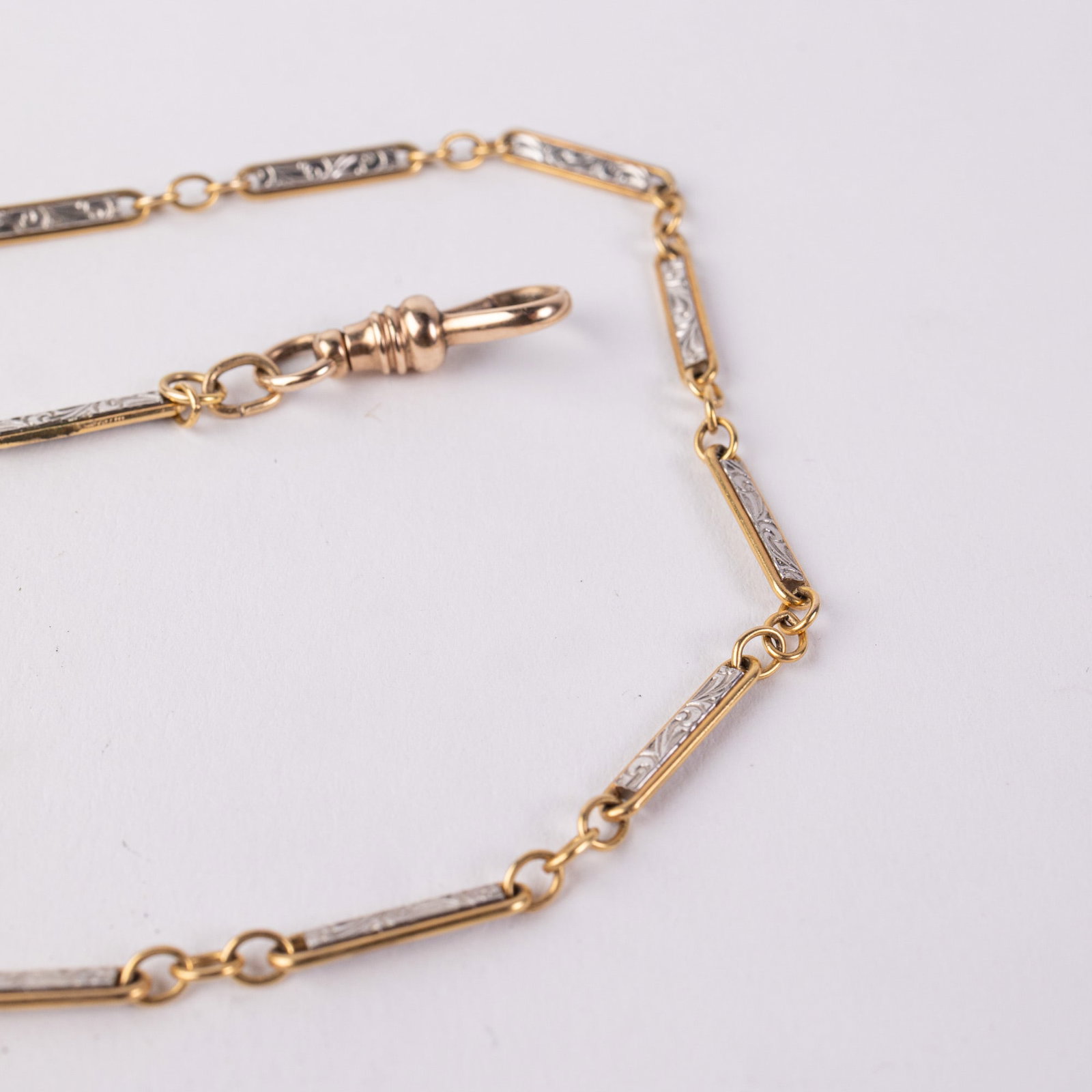 Antique 14KY Gold Bar Link Station Watch Chain w/ 10KY Dog Clip - 3