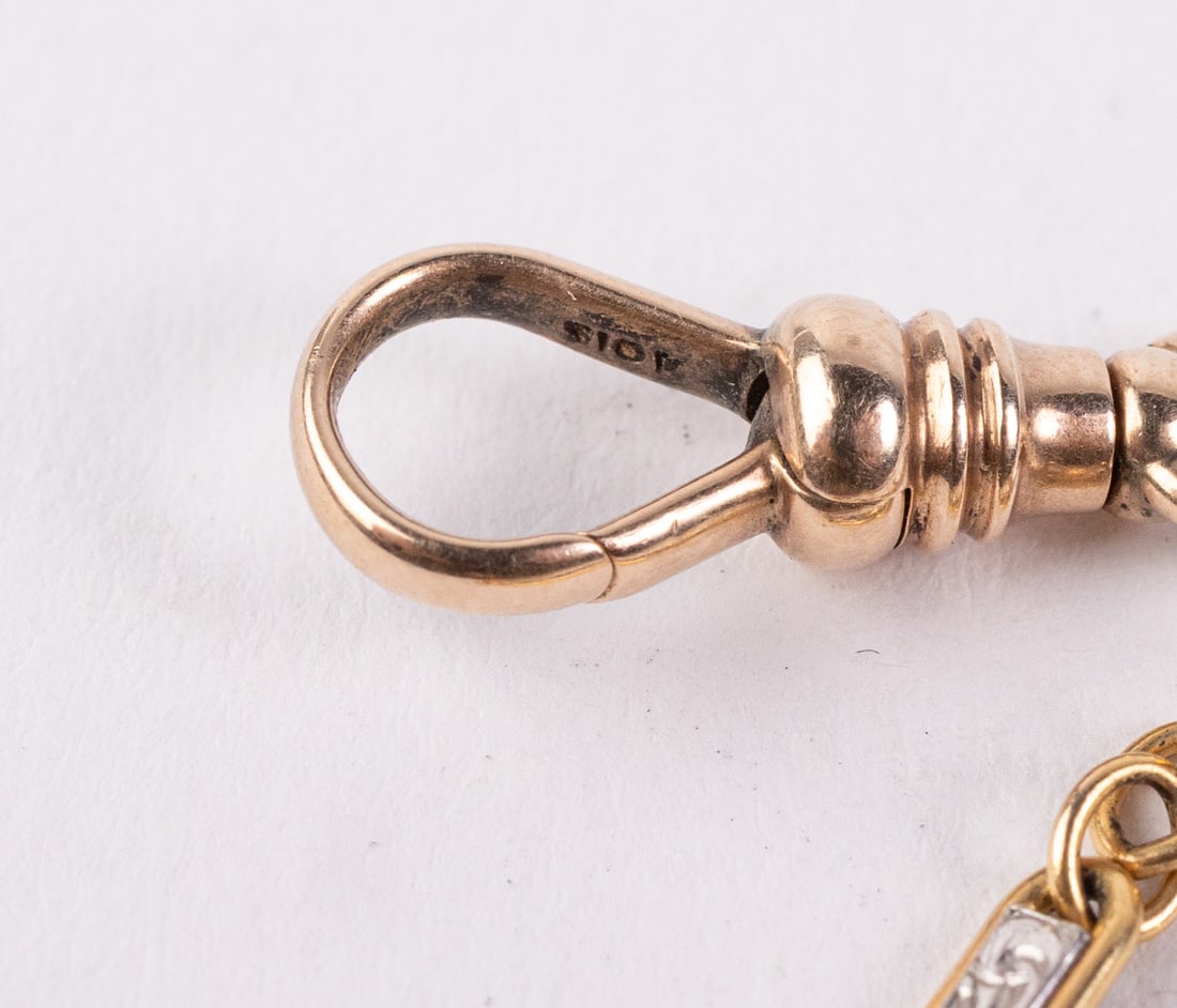 Antique 14KY Gold Bar Link Station Watch Chain w/ 10KY Dog Clip - 7