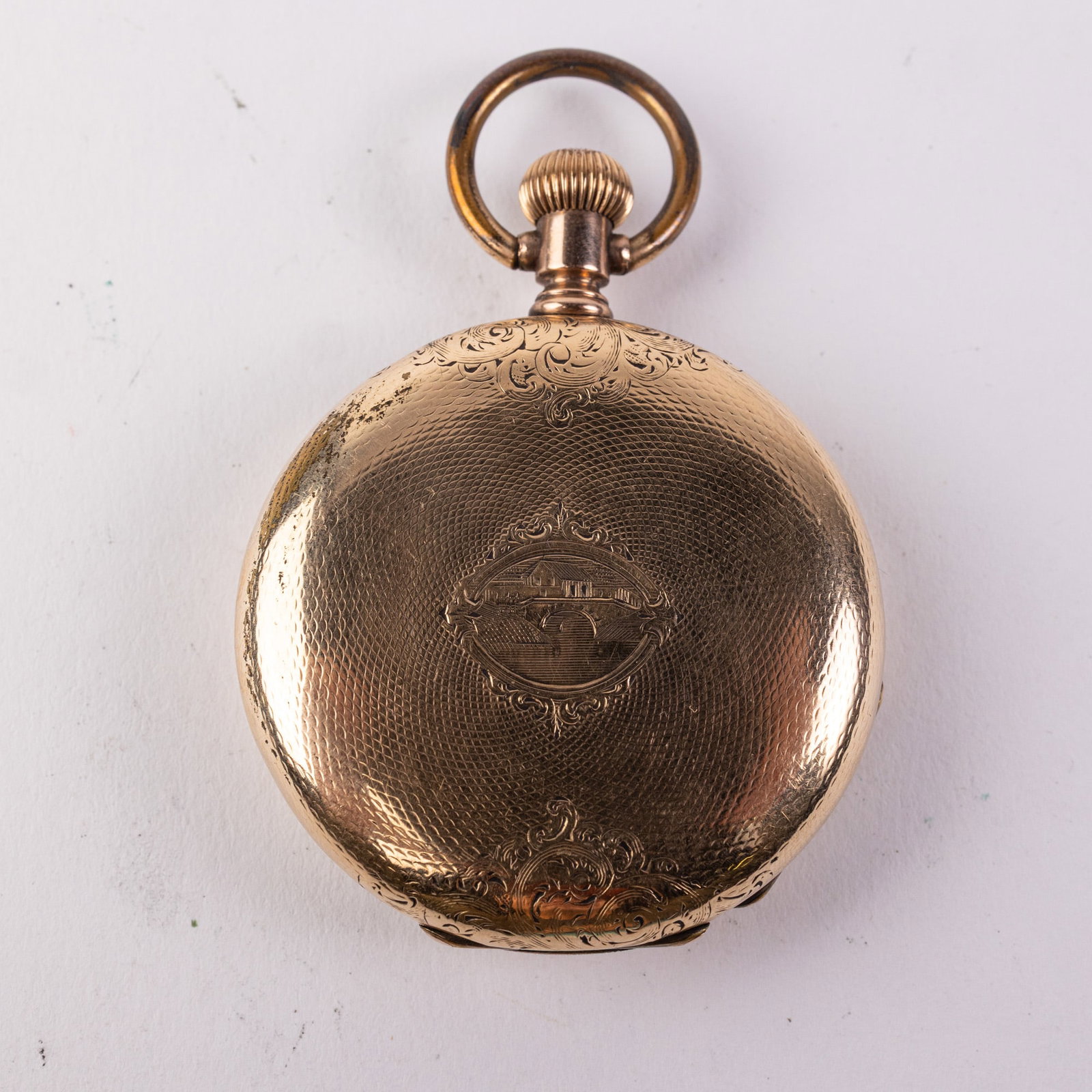 Antique Watch Case with Etched Village Motif