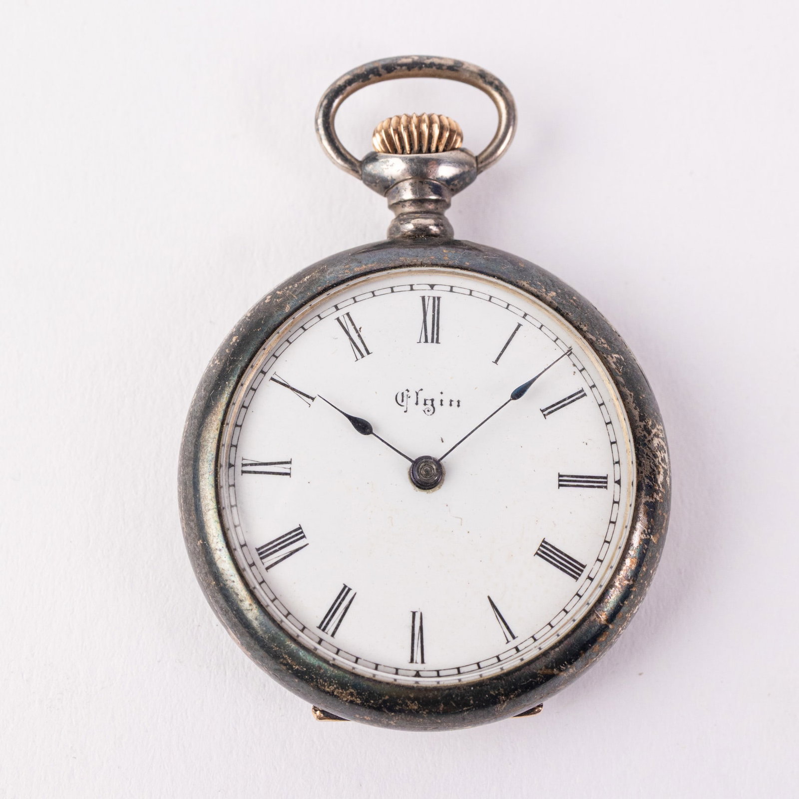 Antique Sterling Silver Elgin Pocket Watch: The caseback is marked "C.W.C. Co. Trademark Sterling 1410". The movement is marked "Elgin Nat'l. Watch Co 5896273 Safety Pinion". The dial is marked "Elgin". Size 18/S [Movement Size] Literature