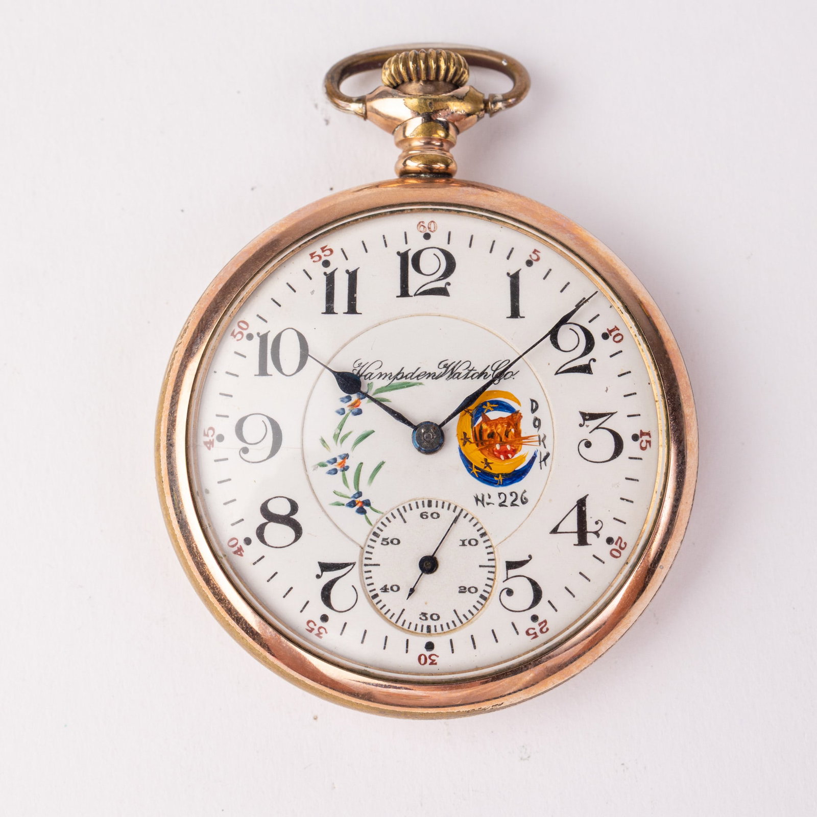 Antique Hampden Pocket Watch with Hand Painted Detail: 17 Jewels, case marked 8769428, Serial number 3023387, Wm. McKinley etched signature in interior Size 16/s [movement] Literature Brooks Auction – Online Auction Terms & Conditions Contact: