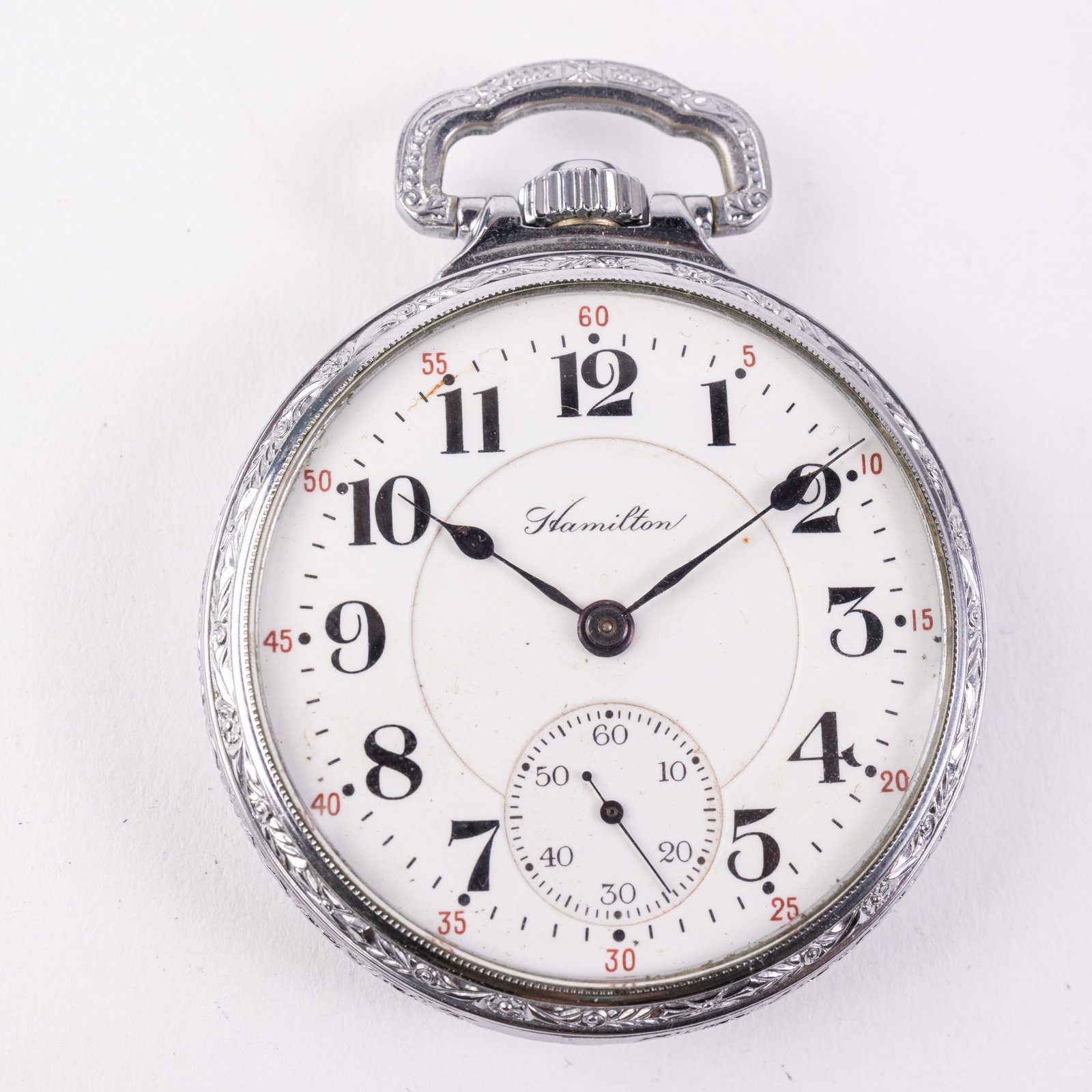 c. 1914 Hamilton Model 992 Railroad Grade Chrome Pocket Watch: The inner caseback is marked "Defiance 1635988". The estimated year of production is 1914. 21 Jewels. The movement is marked "Hamilton Watch Co Lancaster, Pa. 21 Jewels Adjusted 914 5 Positions