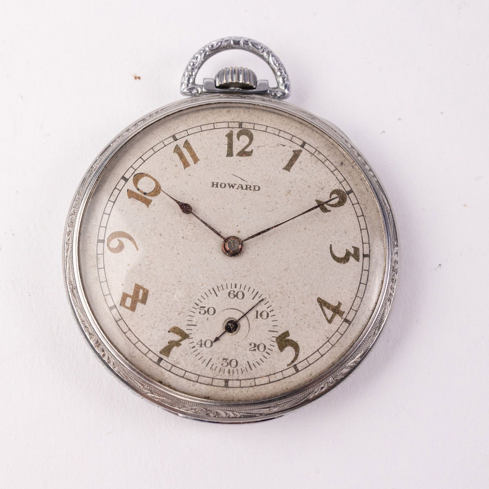 c. 1909 Howard Open Face Chrome Pocket Watch: The inner caseback is marked "Emperor Base Metal 789401". The estimated year of production is 1909. 19 Jewels. The movement is marked "E. Howard Watch Co. Boston, U.S.A. Adjusted 19 Jewels 1060425