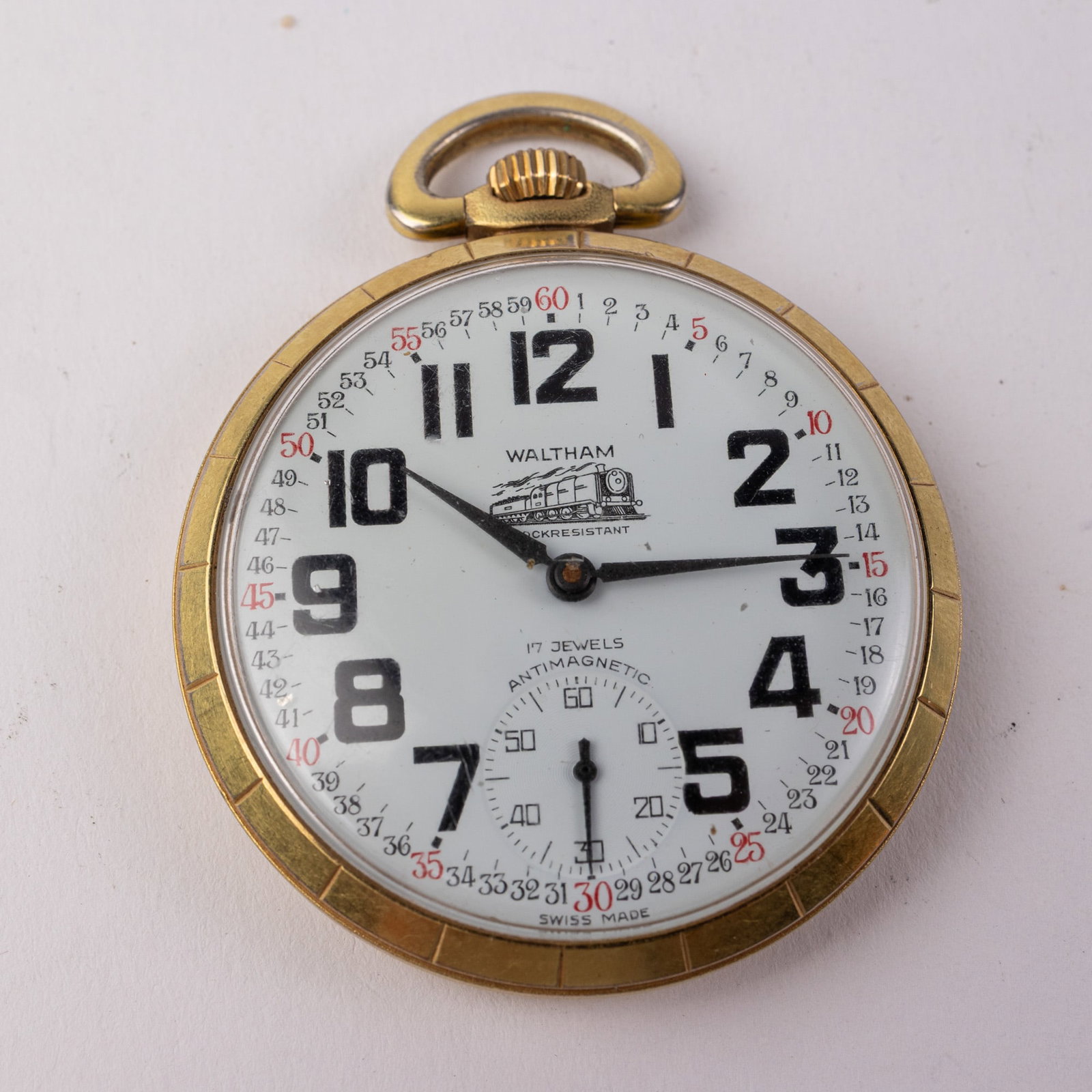 Antique Waltham Train Motif Pocket Watch: Etched train design on back of pocket watch, 17 jewels, Swiss movement, running! Size 16/s [movement] Literature Brooks Auction – Online Auction Terms & Conditions Contact: (856) 694-2960 |