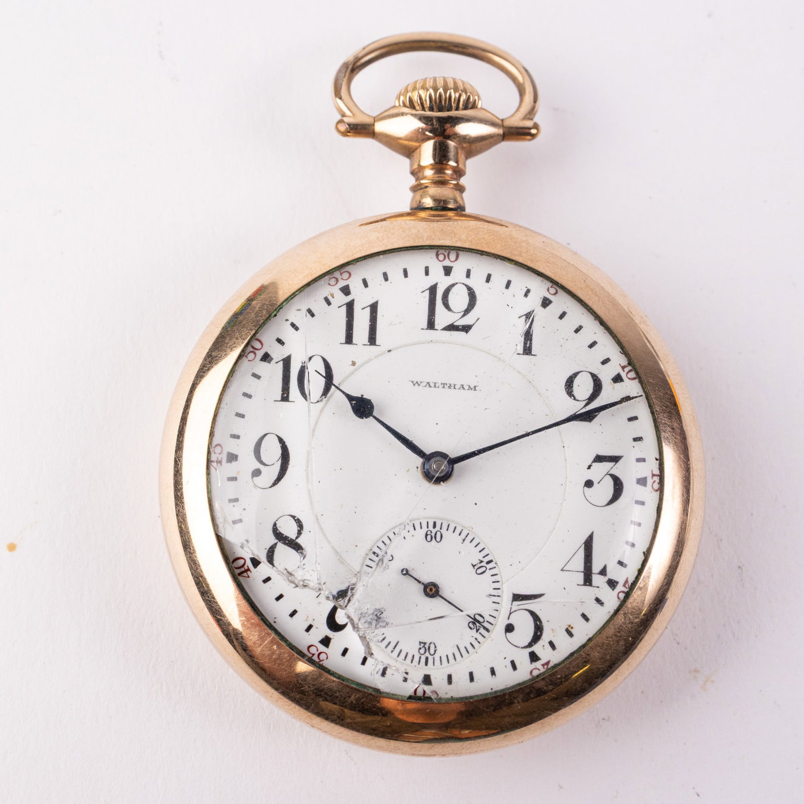 Antique Waltham Railroad Grade Model 845 Pocket Watch c. 1908: 21 Jewels, case marked 9905627, serial number 17035487, five positions, damage to front glass, running! Size 16/s [movement] Literature Brooks Auction – Online Auction Terms & Conditions Contact