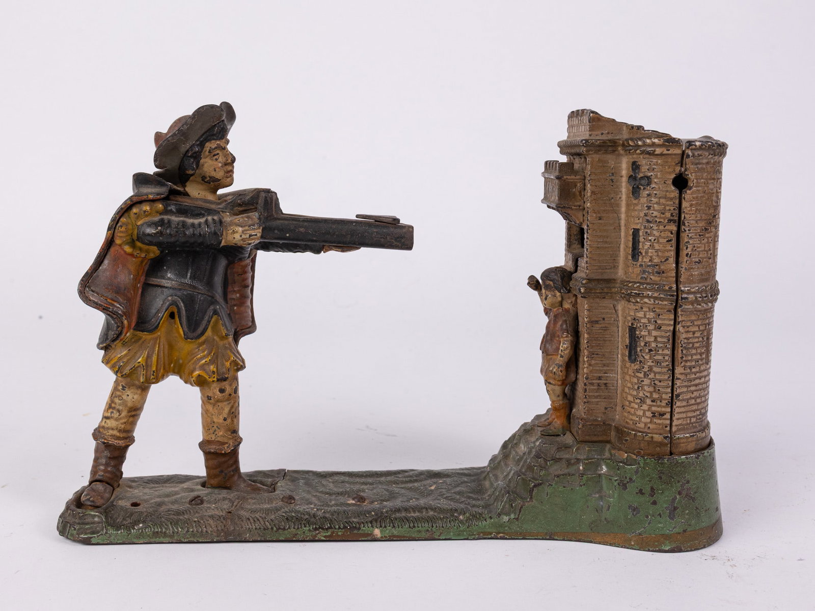 William Tell Cast Iron Mechanical Bank: William Tell Cast Iron Mechanical Bank: Fully fuctional, Makes bell sound when coins are fired into slot. Has been repaired, pictured. Size 6.5" x 10" x 4" Literature Brooks Auction – Online