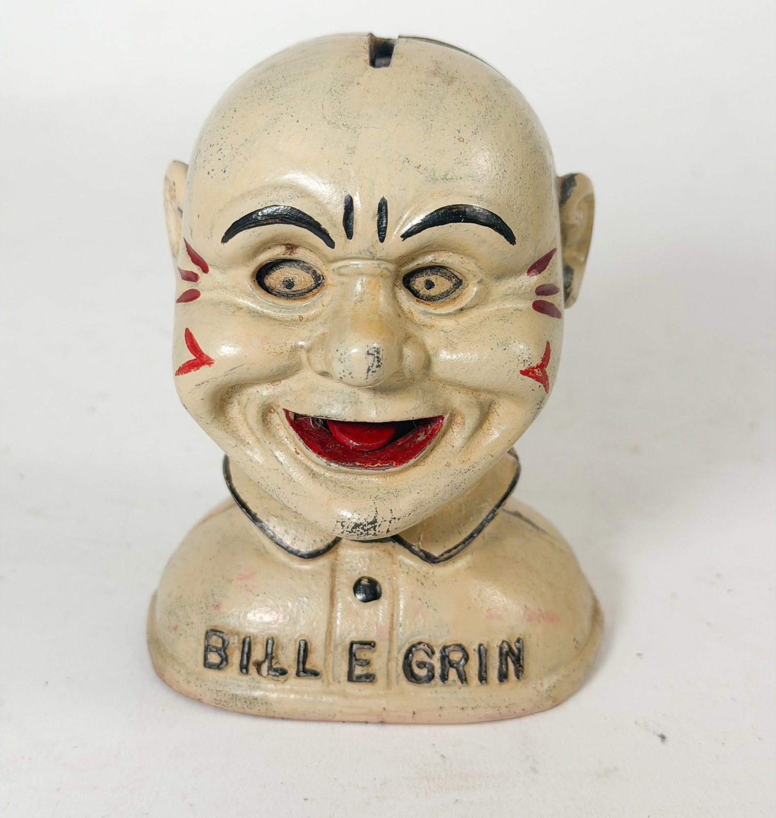J. & E. Stevens Co "Bill E Grin" Mechanical Cast Bank: J. & E. Stevens Co "Bill E Grin" Mechanical Cast Bank Size 5" H Literature Brooks Auction – Online Auction Terms & Conditions Contact: (856) 694-2960 | info@brooks.auction READ BEFORE YOU BID: