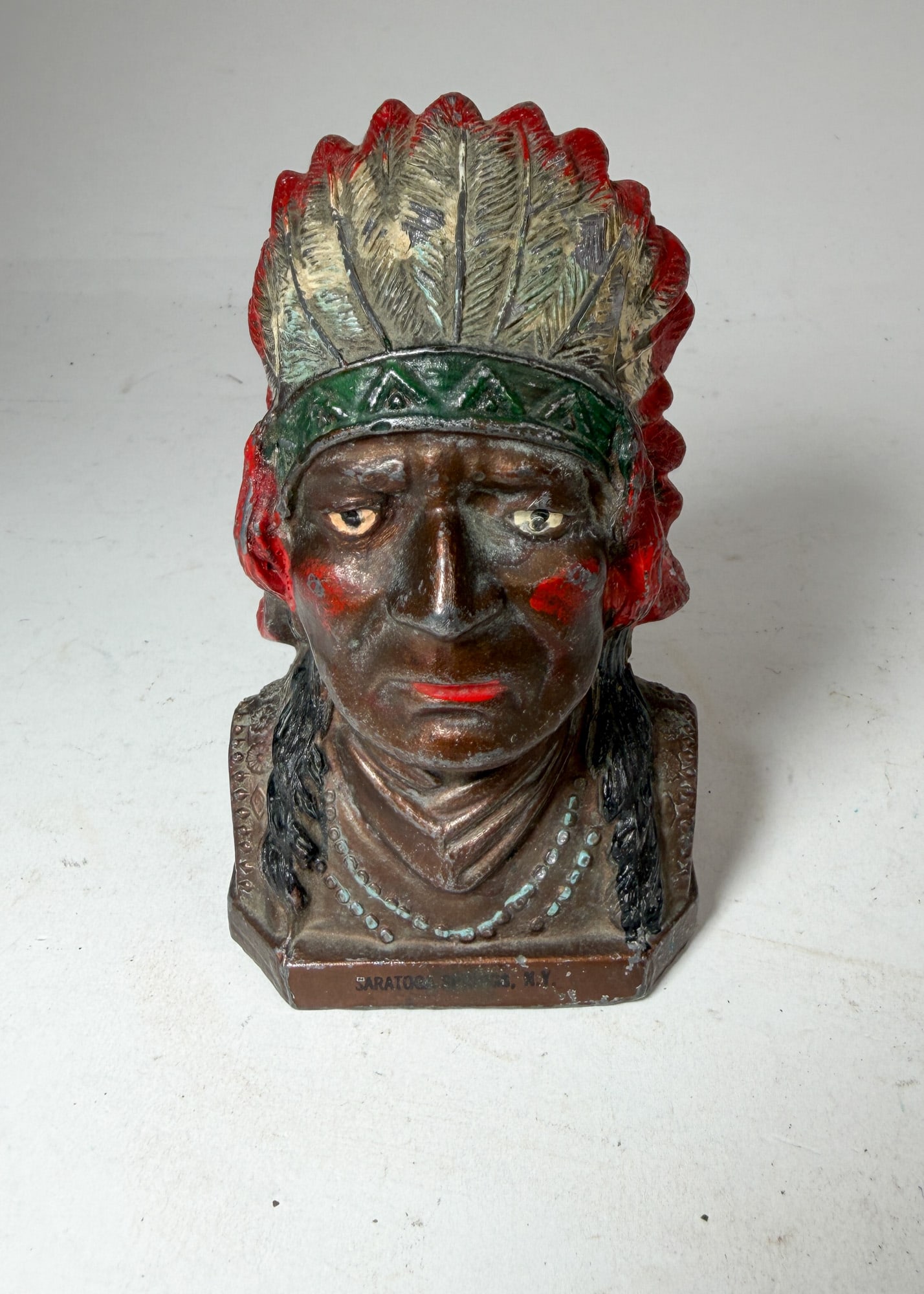 Saratoga Springs NY Native American Bust Cast Metal Bank (1 of 4)