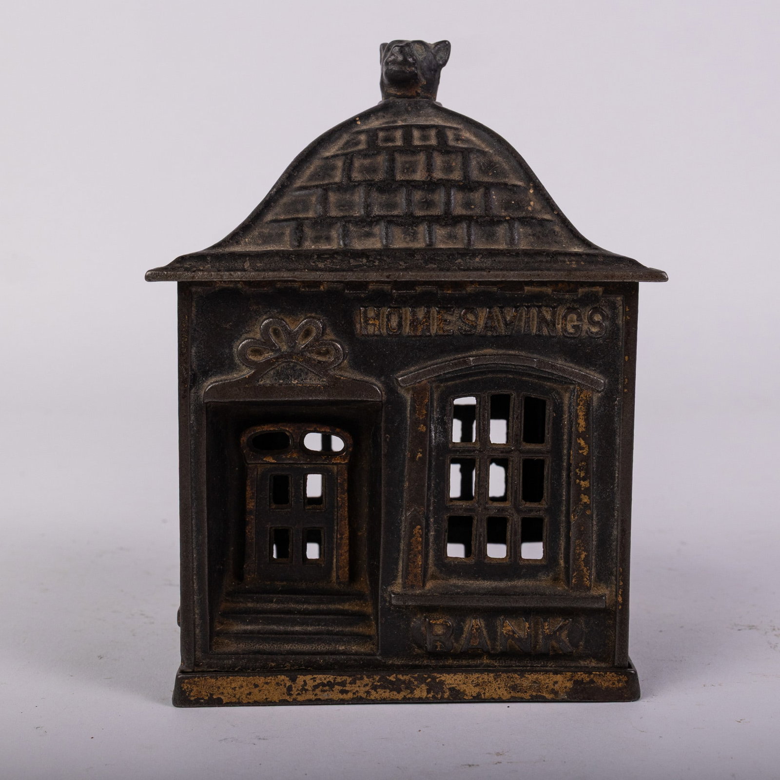 19th c. Cast Iron Home Savings Bank w/ Dog Head Finial (1 of 7)