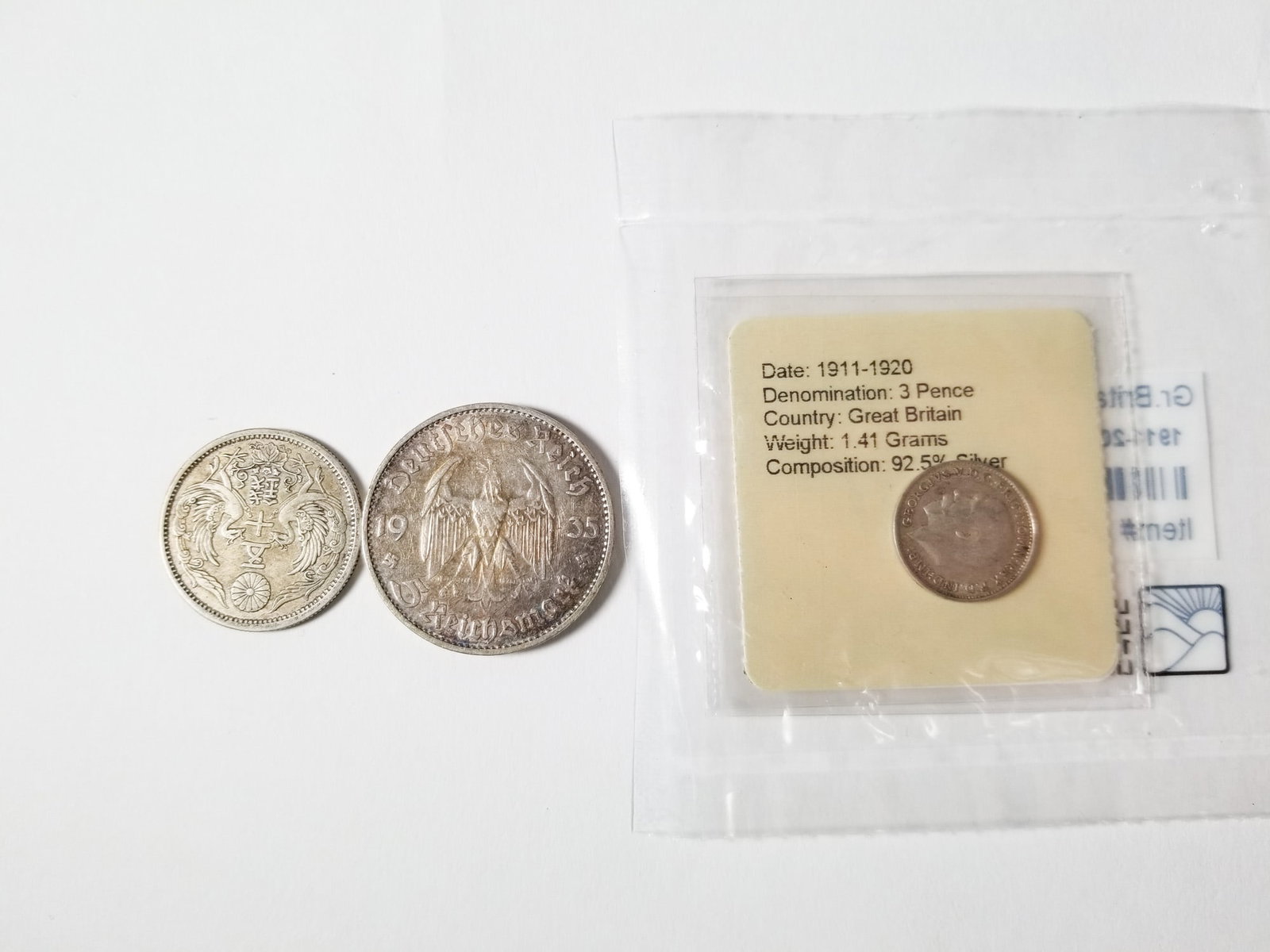 Pre World War II German and Japan Silver Set 2 Coins and Great Britain Silver 3 pence - 2