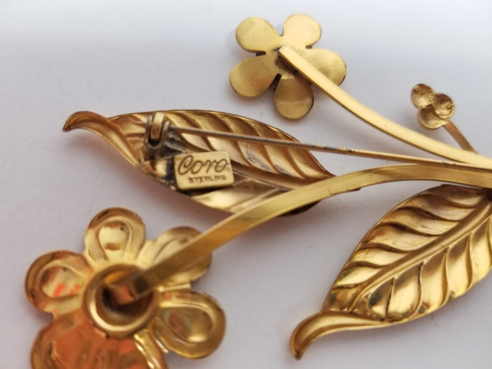 Gold Tone Sterling Silver Coro Vintage flower Brooch - 3