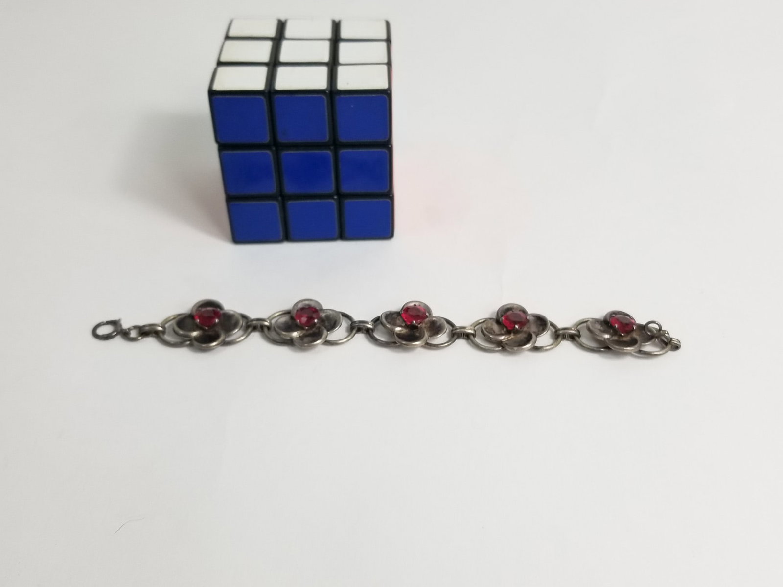 Vintage Sterling Silver Flower Bracelet with Red Rhinestone - 2
