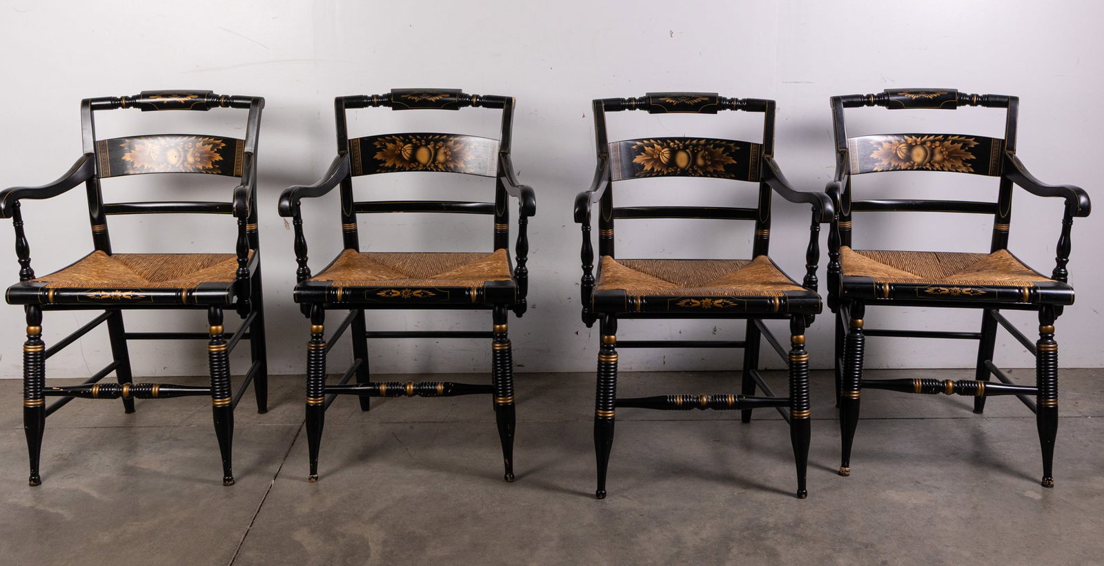 Set of Four Vintage Hitchcock Chairs: Set of Four Vintage Hitchcock Chairs Size 34" H Literature Brooks Auction – Online Auction Terms & Conditions Contact: (856) 694-2960 | info@brooks.auction READ BEFORE YOU BID: We want y