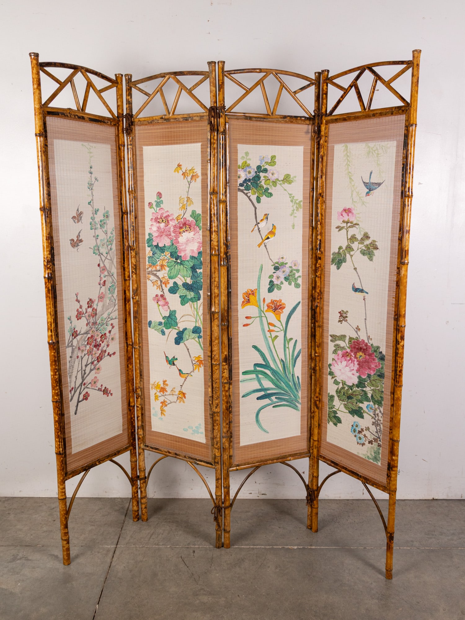 Floral Painted Asian Bamboo Folding Room Divider (1 of 4)