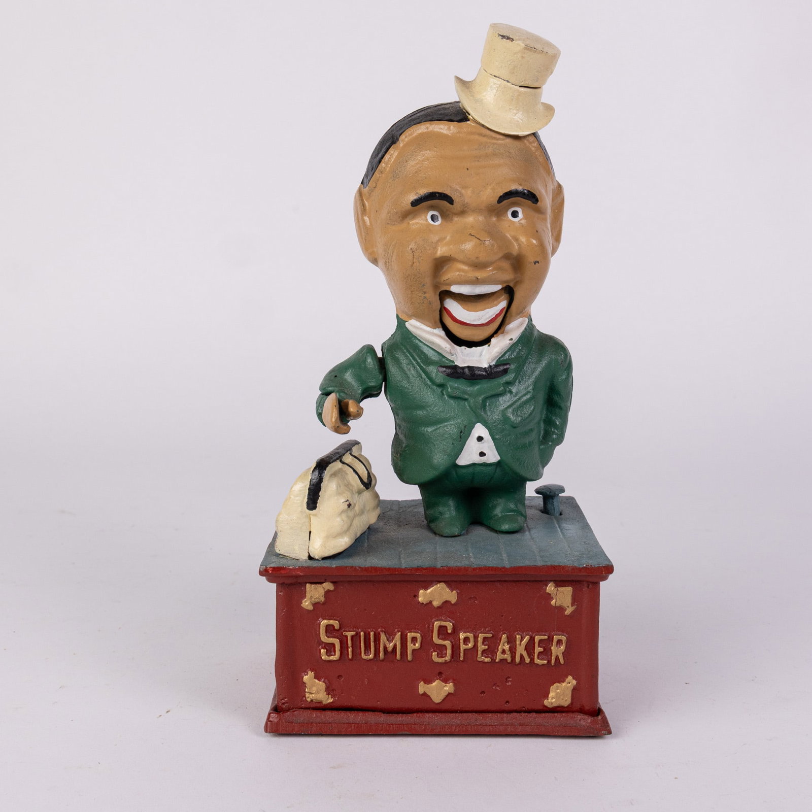 Stump Speaker Cast Iron Mechanical Bank: Stump Speaker Cast Iron Mechanical Bank Size 9" H Literature Brooks Auction – Online Auction Terms & Conditions Contact: (856) 694-2960 | info@brooks.auction READ BEFORE YOU BID: We want