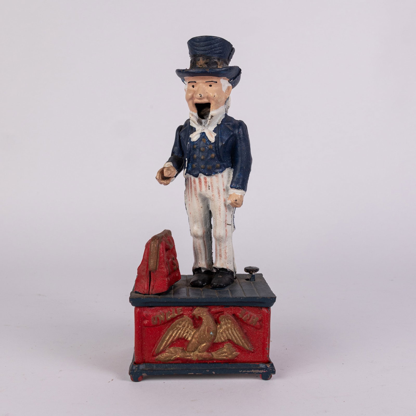 Uncle Sam Cast Iron Mechanical Bank: Uncle Sam Cast Iron Mechanical Bank Size 10" H Literature Brooks Auction – Online Auction Terms & Conditions Contact: (856) 694-2960 | info@brooks.auction READ BEFORE YOU BID: We want you to