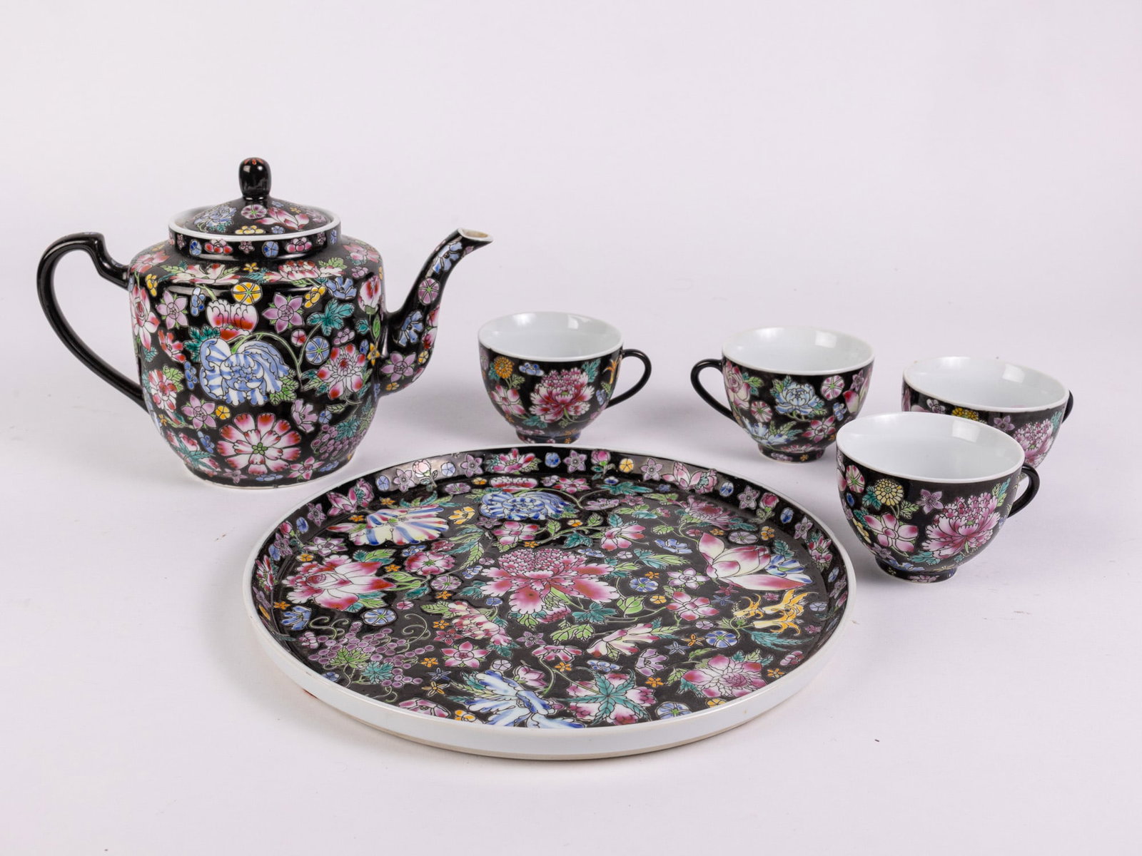 Vintage Asian Famille Noire Porcelain Tea Set: Vintage Asian Famille Noire Porcelain Tea Set Size 7" x 12" x 12" Literature Brooks Auction – Online Auction Terms & Conditions Contact: (856) 694-2960 | info@brooks.auction READ BEFORE YOU