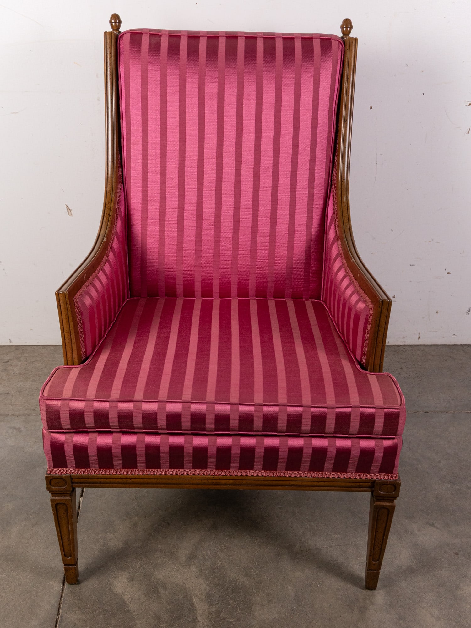 Vintage Hot Pink Striped Accent Chair: Vintage Hot Pink Striped Accent Chair Size 39" x 24" x 26" Literature Brooks Auction – Online Auction Terms & Conditions Contact: (856) 694-2960 | info@brooks.auction READ BEFORE YOU BID: We