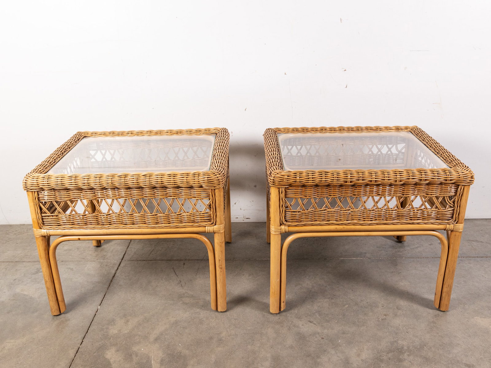 Pair of Tan Wicker Glass Top End Tables (1 of 4)
