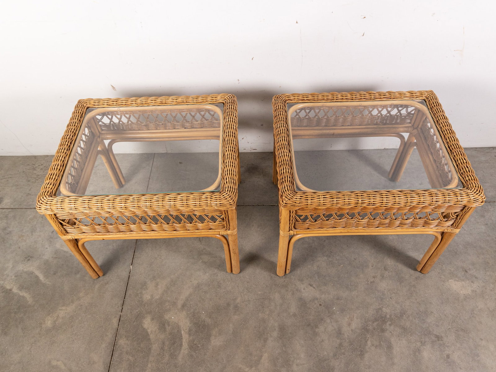 Pair of Tan Wicker Glass Top End Tables - 2