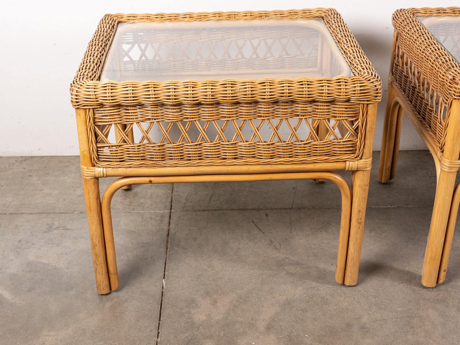 Pair of Tan Wicker Glass Top End Tables - 3