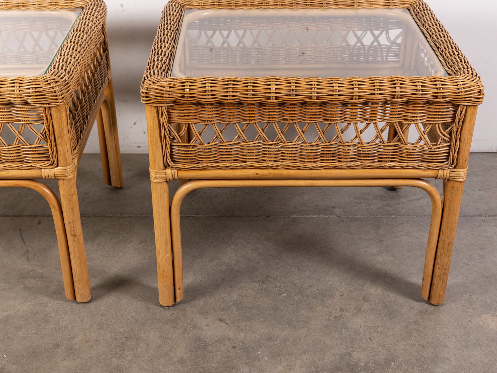 Pair of Tan Wicker Glass Top End Tables - 4