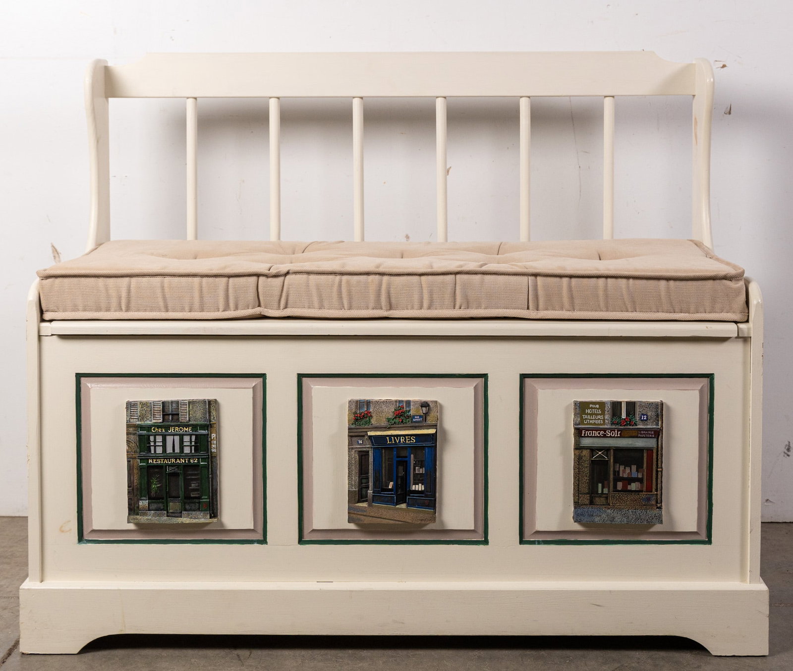 Decorative Storage Bench w/ French Storefront Detail: Decorative Storage Bench w/ French Storefront Detail Size 31" x 37" x 17" Literature Brooks Auction – Online Auction Terms & Conditions Contact: (856) 694-2960 | info@brooks.auction READ BEFORE