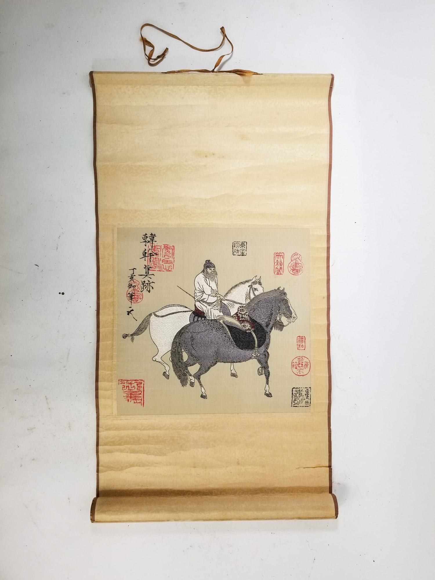 c. 1950 Chinese Silk Hand Scroll "Han Gan Horse Herding" Tapestry w/ Original Box (1 of 3)