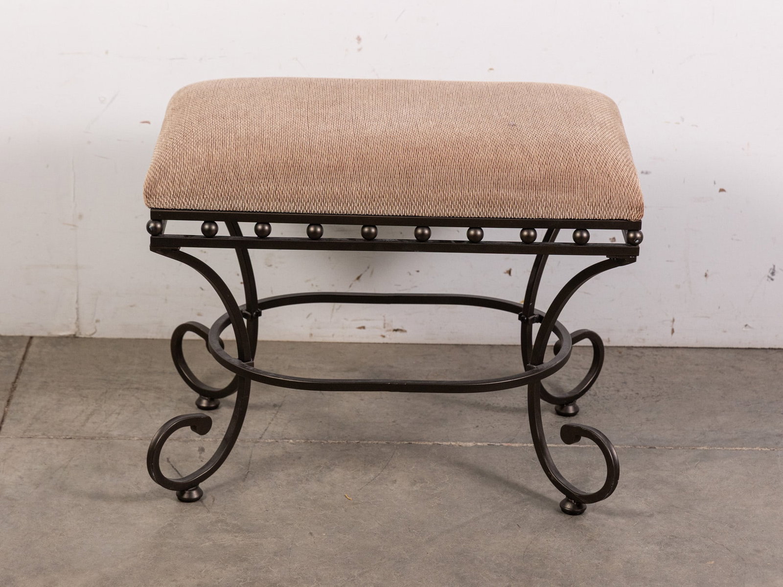 Wrought Iron Scroll Leg Bench w/ Upholstered Seat: Wrought Iron Scroll Leg Bench w/ Upholstered Seat Size 19" x 24" x 15" Literature Brooks Auction – Online Auction Terms & Conditions Contact: (856) 694-2960 | info@brooks.auction READ BEFORE