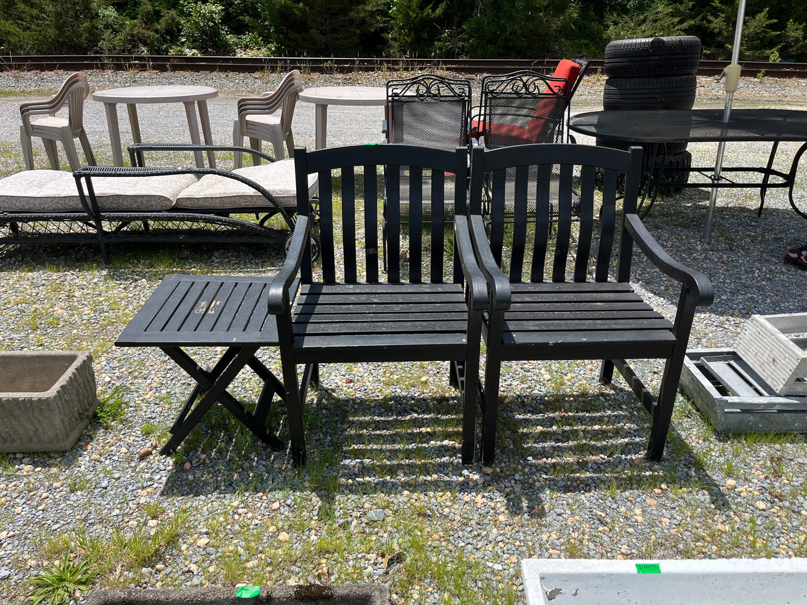 Three Piece Outdoor Set: Pair of outdoor arm chairs with small folding table Literature Brooks Auction – Online Auction Terms & Conditions Contact: (856) 694-2960 | info@brooks.auction READ BEFORE YOU BID: We want you