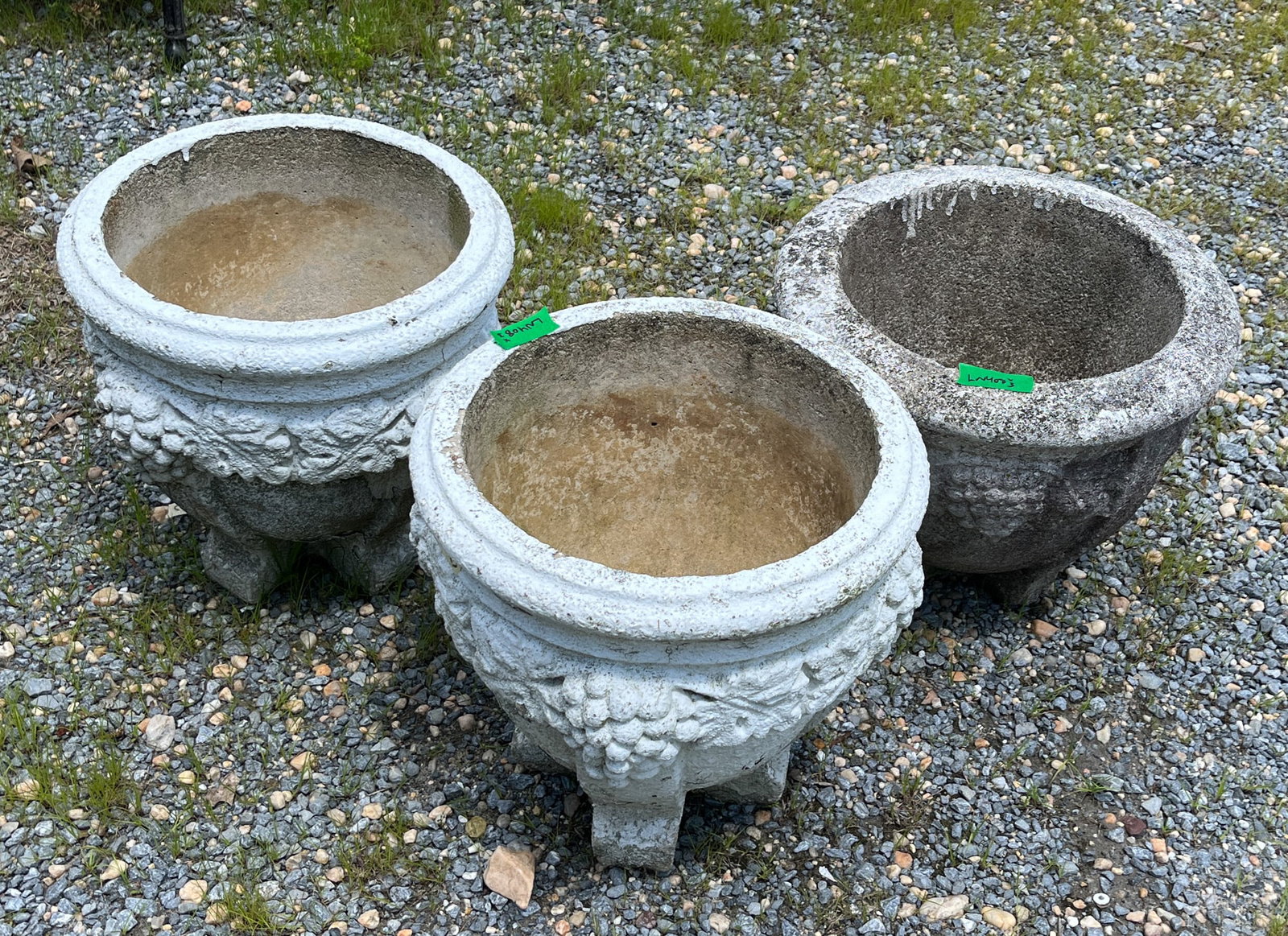 Three Vintage Concrete Grape Motif Planters: Three Vintage Concrete Grape Motif Planters Literature Brooks Auction – Online Auction Terms & Conditions Contact: (856) 694-2960 | info@brooks.auction READ BEFORE YOU BID: We want you to feel