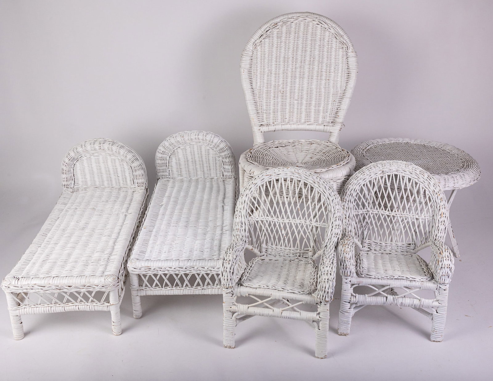 Lot of Vintage White Wicker Doll Furniture: Two twin beds, three piece table with two chairs set, slightly larger doll sized single chair Literature Brooks Auction – Online Auction Terms & Conditions Contact: (856) 694-2960 |