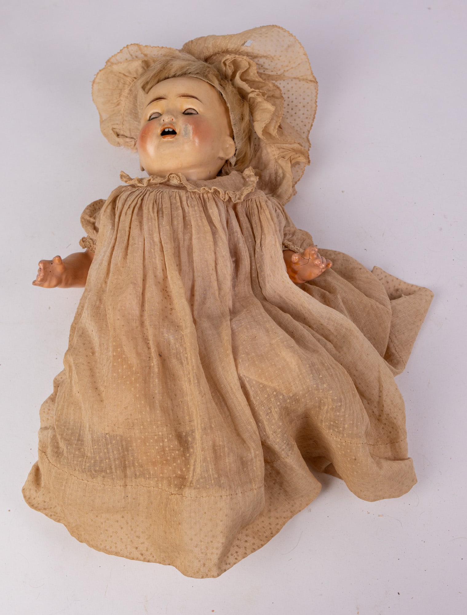 Antique 14" Bisque Baby Doll: Antique 14" Bisque Baby Doll: Brown sleep eyes Size 14" H Literature Brooks Auction – Online Auction Terms & Conditions Contact: (856) 694-2960 | info@brooks.auction READ BEFORE YOU BID: