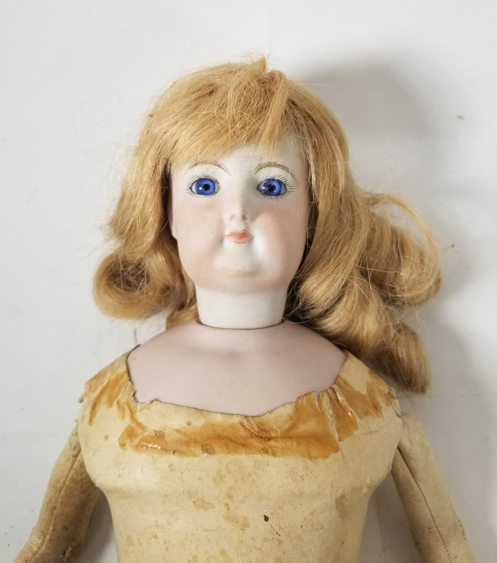 Antique Bisque Leather Body Doll w/ Blue Glass Eyes - 2