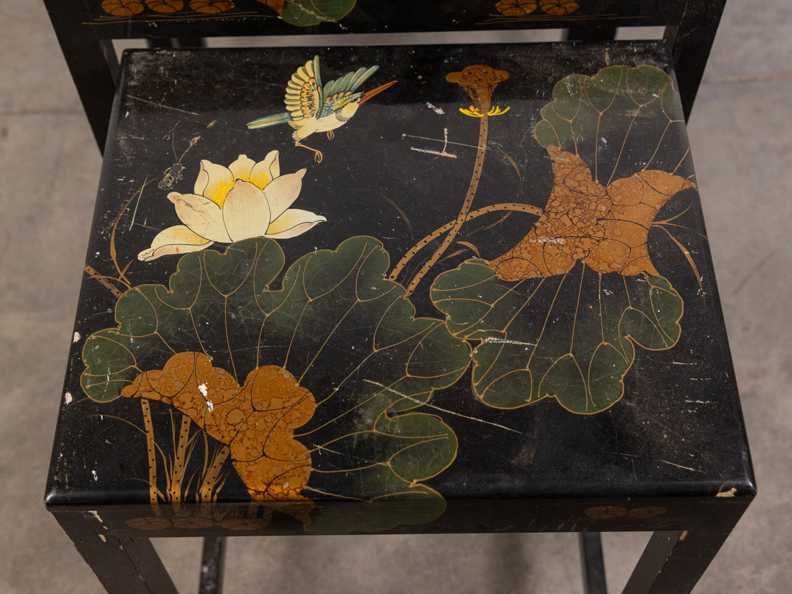 Asian Lotus Motif Black Lacquer Set of Three Accent Tables - 2