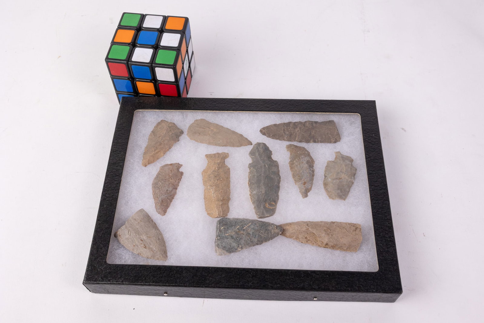 Grouping of Arrowhead Native American Artifacts in Display Case - 2