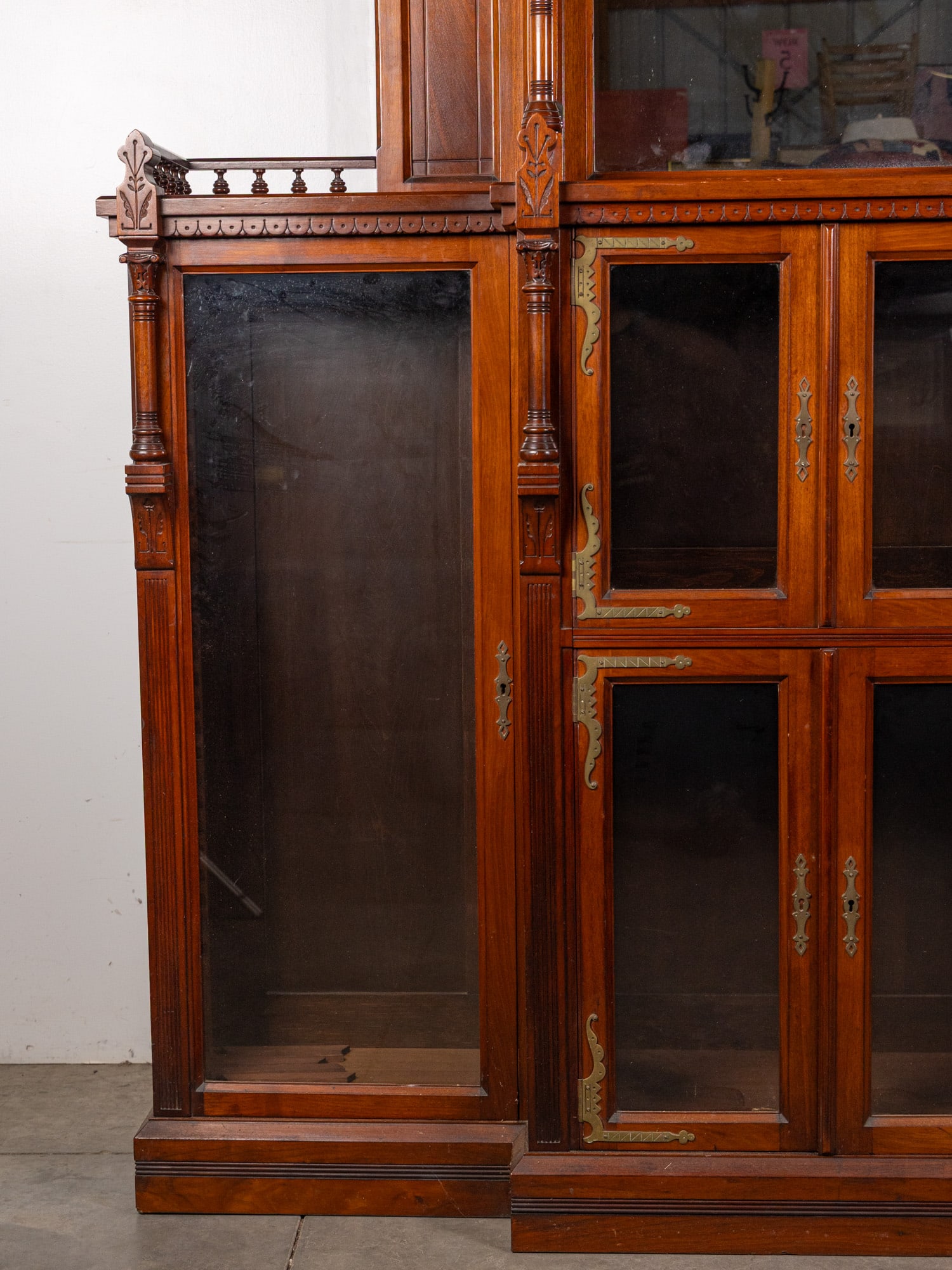 Antique Renaissance Revival 4-Door Mirrored Bookcase - 2