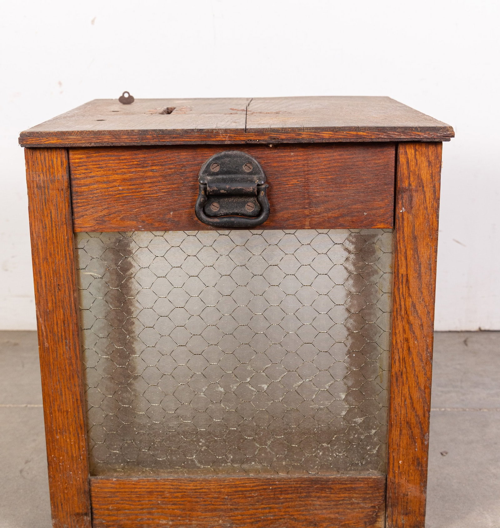 Antique Oak and Screened Glass Ballot Box w/ Key - 7