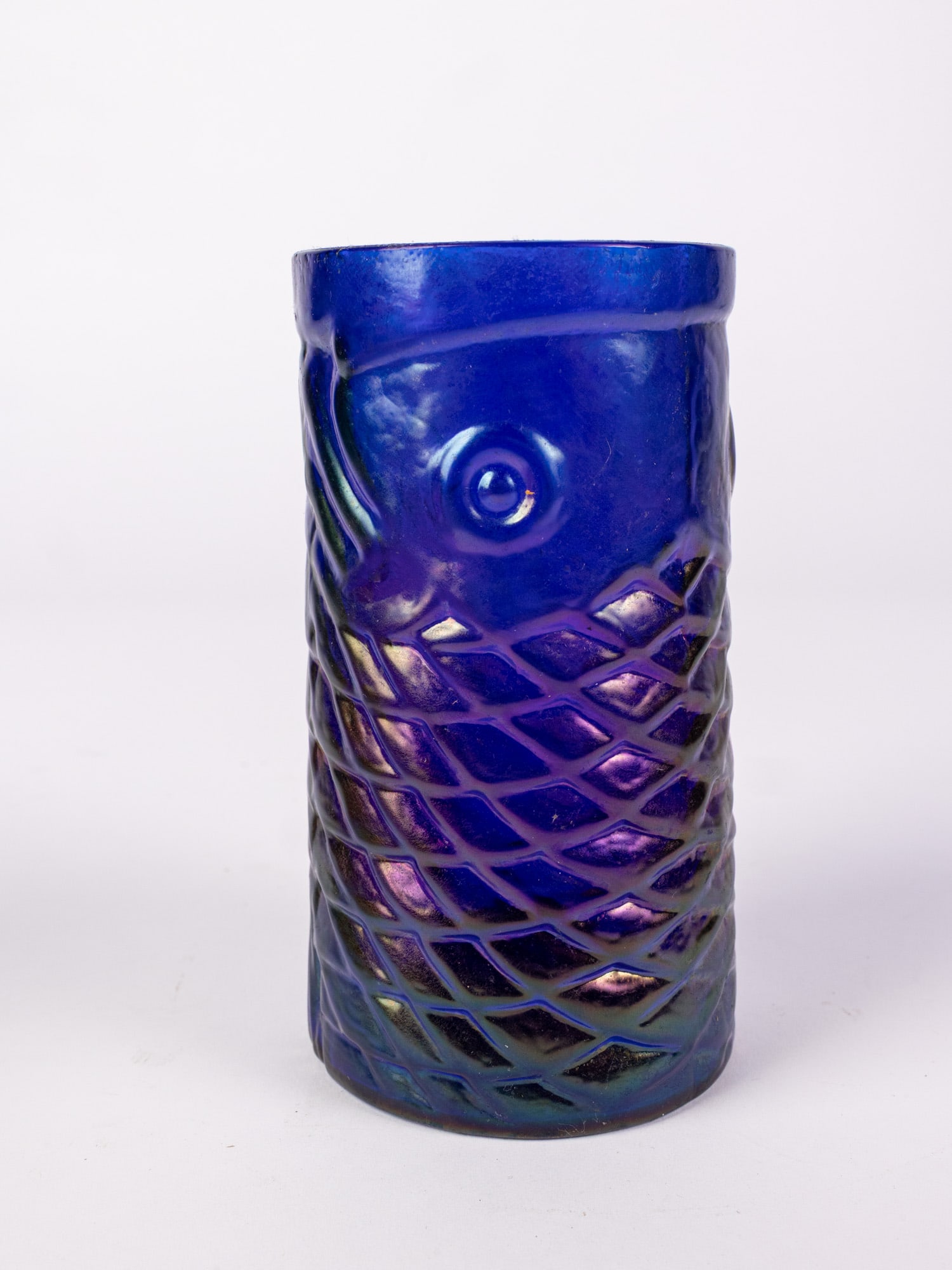 John Cook Signed Cobalt Iridescent Art Glass Koi Fish Tumbler - 4