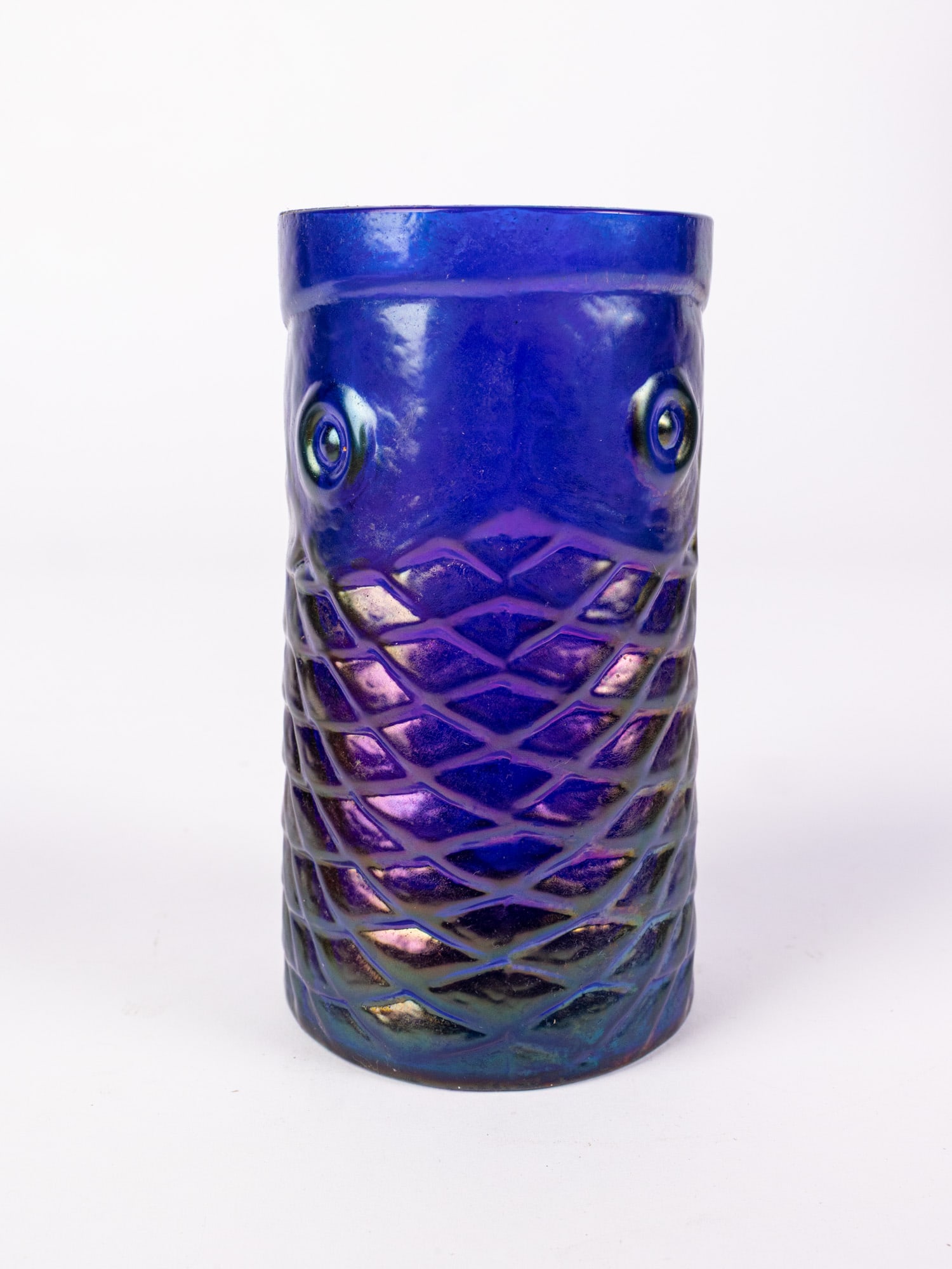 John Cook Signed Cobalt Iridescent Art Glass Koi Fish Tumbler - 6