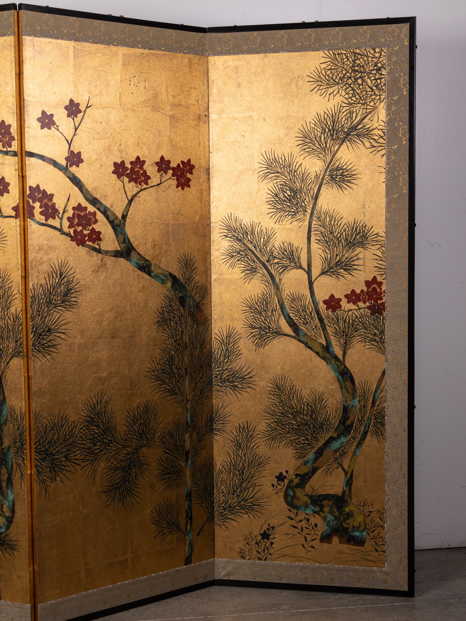 Japanese Gold-Leaf Byobu Folding Screen Pine and Plum Blossom Landscape - 2
