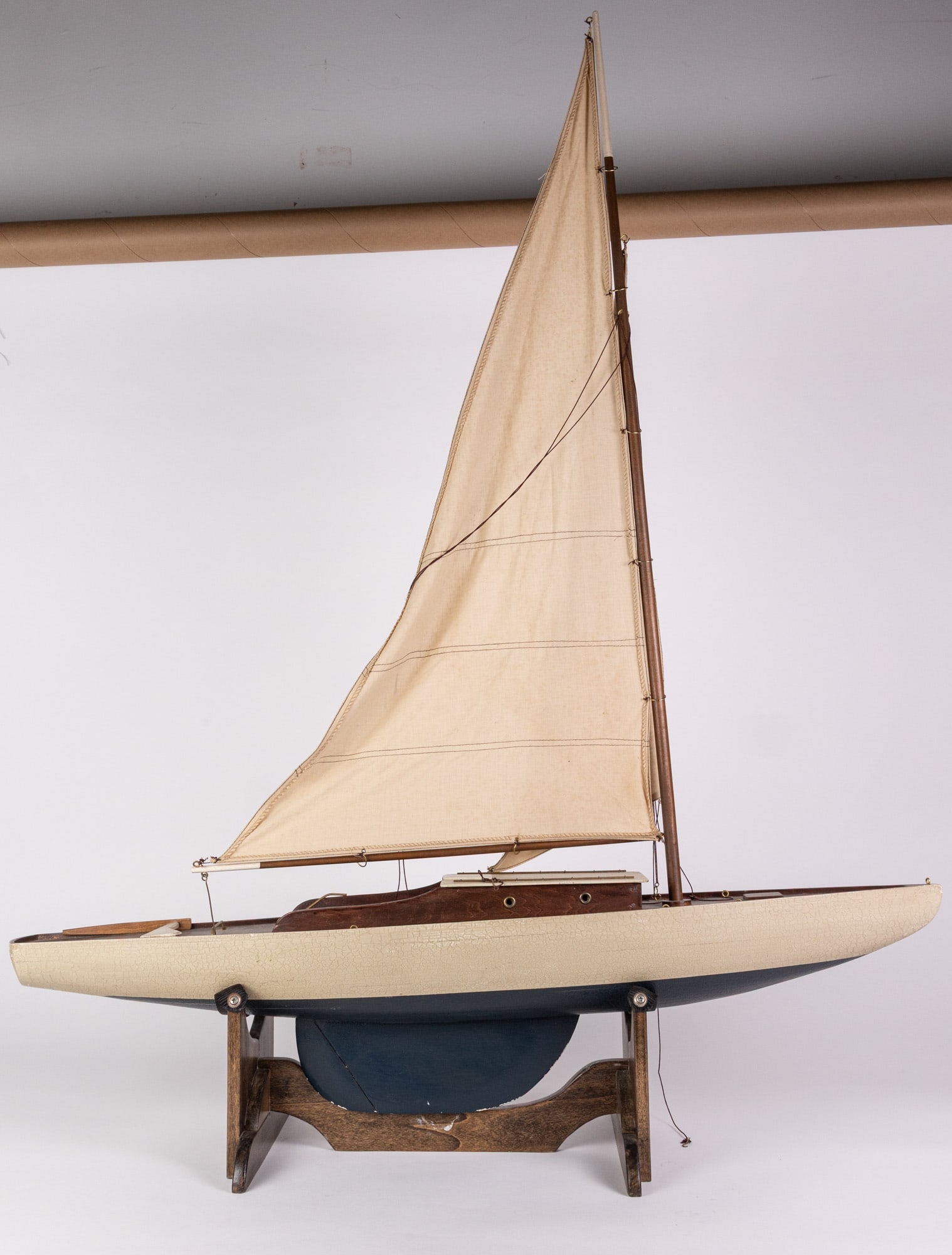 Vintage Handcrafted Wood & Canvas Pond Sailboat/Yachty and Display Stand - 2